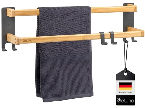 eluno Towel Rail 60 cm with 2 Towel Rails and 6 Practical Hooks - with High-Quality Adhesive Tape for Gluing or Drilling with Offset Towel Rails Made of Metal and Bamboo (Grey)