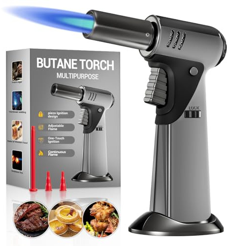 Butane Torch, Butane Refillable Kitchen Cooking Torch, Torch Lighter with Safety Lock And Adjustable Flame For BBQ, Baking, Brulee Creme, Crafts and Soldering(Butane Gas Not Included)
