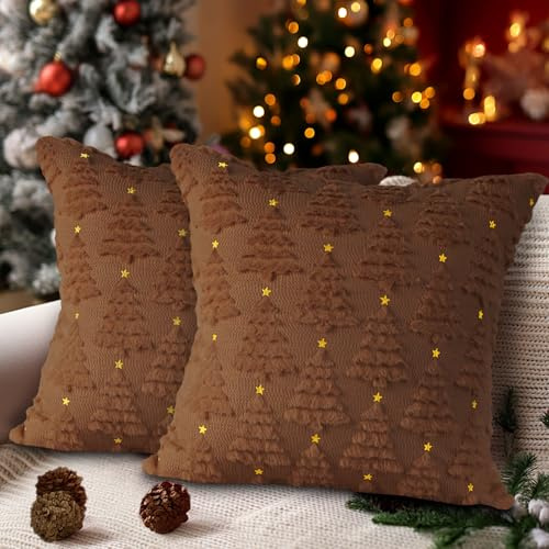 Lanpn Kissenbezug Weihnachten 40x40cm 2er Set Plüsch Weihnachtskissen Kissenbezüge Dekokissen mit Stern und Weihnachtsbaum für Büro Home Wohnzimmer Schlafzimmer Sofa Dekor Weihnachtsdeko (Braun)