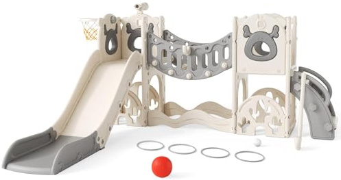 Juego de toboganes mejorados para niños pequeños, tobogán para bebés con puente de escalada, juego de golf, aro de baloncesto, ECT, fácil montaje, tobogán de jardín para bebés y niños pequeños