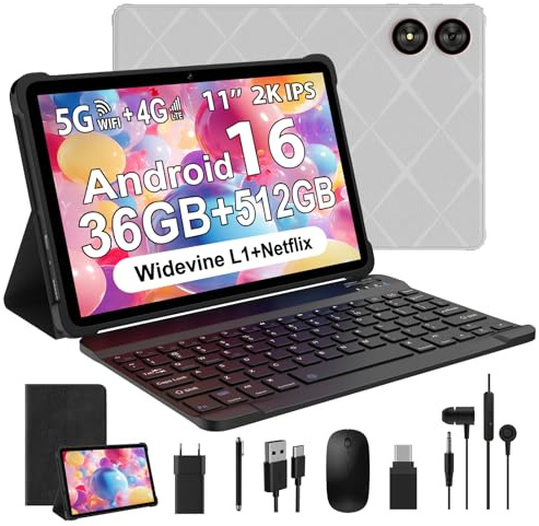 WOREGOO Tablet Android 16 de 11 Pulgadas, 4G LTE y WiFi 5G, Octa-Core, 36 GB RAM + 512 GB ROM (1TB TF), Pantalla HD, Widevine L1/Cámara 8+13 MP/8000 mAh/GMS/GPS, con Teclado+Ratón (Gris)