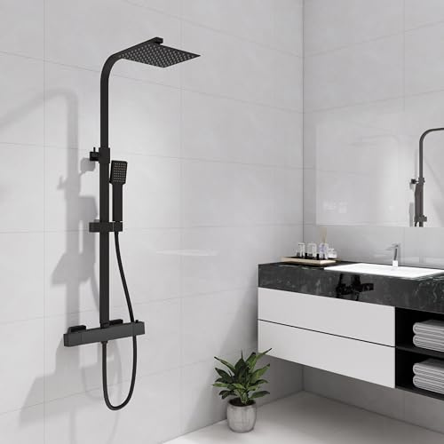 Sline Bathroom Thermostatic Shower Mixer Set and with Adjustable 8 inch Overhead Rainfall Shower Head Twin Head,Bath Bar Mixer Shower with Rainfall Showerhead,Black