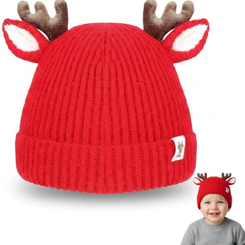 RQcMid Bonnet de Noël pour bébé, bonnet de Noël amusant avec bois de renne, bonnet rouge pour enfant, bonnet d'hiver doux en tricot pour les vacances, taille unique