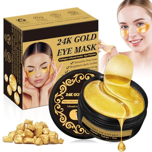 Patch Occhi 24K Gold, 60 Pcs, Patch Occhiaie e Borse in Gel per Sotto gli Occhi, Maschera Contorno Occhi Idratante, Effetto Rinfrescante per Stanchi, Unisex