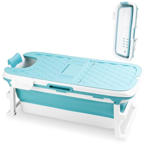 Vkechh Bañera plegable para adultos, plegable, 149 × 60 × 50 cm, portátil y ahorra espacio, con cubierta y manguera de drenaje, para baño, ducha y exterior, azul
