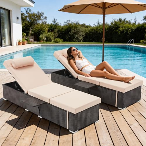 ZZWHOM Outdoor Chaise Lounge with Adjustable Backrest Set of 2, 6-Position Reclining Lounger Pool Chair, Thick 3-Inch Cushion & Side Tray, All-Weather PE Wicker for Outdoor, Backyard, Deck (Khaki)