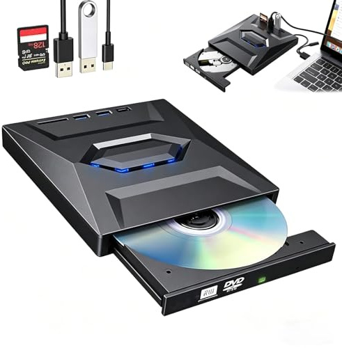 7-in-1 External Blu Ray Drive, USB 3.0/Type-C Portable BD/DVD/CD Burner Reader Writer with USB Hub SD/TF Card Reader, 6X Blu-ray Optical Drive for Laptop Desktop PC (Black-1pc)