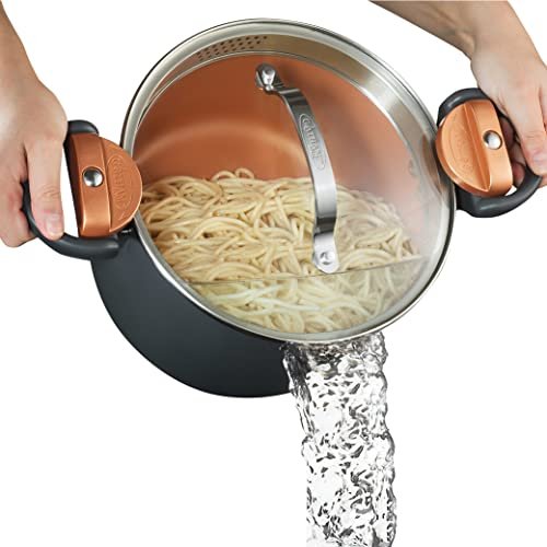 Gotham Steel 5 Quart Stock Multipurpose Pasta Pot with Strainer Lid and Twist and Lock Handles, Nonstick Ceramic Surface Makes for Effortless Cleanup with Tempered Glass Lid, Dishwasher Safe, Graphite