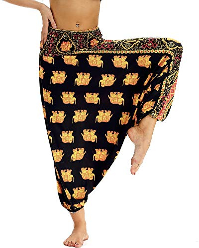 Nuofengkudu Dam haremsbyxor, hippie, säckiga, boho-mönstrade, high waist, smocked waist, low crotch, lounge wide, byxor för yoga, sommar, strand
