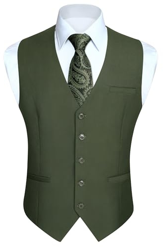 HISDERN Gilet da uomo in cotone verde in solido cotone con gilet da lavoro formale da uomo