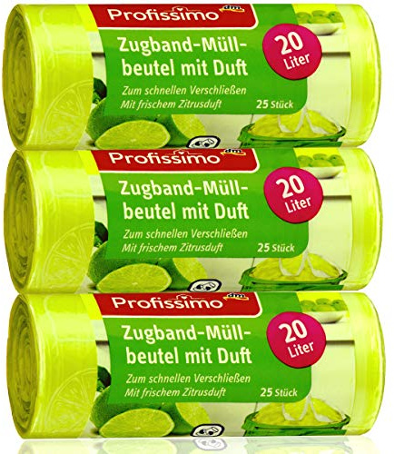 Profissimo 20 liter soppåse med färsk citrusdoft – 3-pack – 75 påsar (3 x 25 stycken) – perfekt för hushåll, kontor och badrum