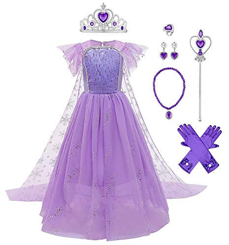 IWEMEK Filles Déguisements Princesse Elsa Robe Longue avec Cape + Accessoires Reine des Neige 2 Costume de Carnaval Halloween Noël Robes de fête d'anniversaire Enfants Violet Set 8-9 Ans