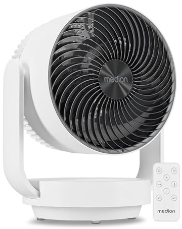 MEDION Tischventilator sehr leise P20 DF, 26 Dezibel, mit Fernbedienung, kraftvolle 7 Geschwindigkeitsstufen, oszillierend, horizontal & vertikal, Timer, Schlafmodus, für Schlafzimmer & Wohnzimmer