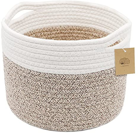 Cesta pequeña de cuerda redonda tejida con asa, 9.5 x 9.5 x 7.1 pulgadas, bonita cesta de almacenamiento de algodón con costuras marrones y beige, estilo mixto, 8.2 L
