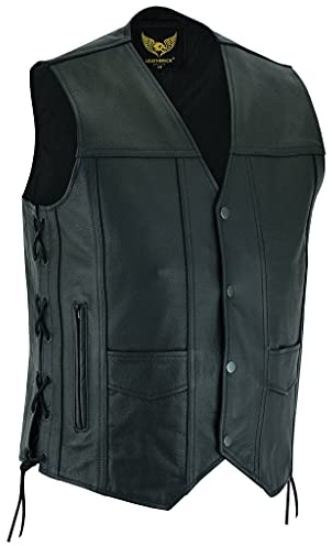 Leatherick Gilet pelle uomo in vera pelle bovina a grana superiore in similpelle Gilet classico nero con lacci laterali e tasche per il trasporto nascoste
