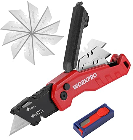 WORKPRO Teppichmesser aus Aluminium, Faltbares Universalmesser Cuttermesser mit Schnellwechselklinge und Gürtelclip, Klappmesser mit Klingenaufbewahrung, mit 13 zusätzlichen Klingen, Rot