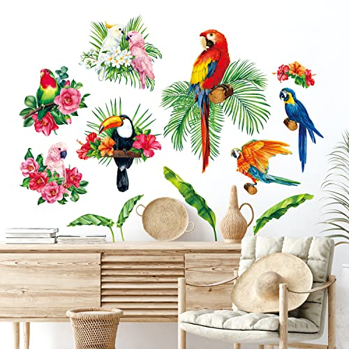 BASHOM BS-108 Plantas tropicales y loros Niños Pegatinas de pared dormitorio para hojas tropical verde vinilos sala plantas hoja adhesivos estar vinilo comedor decorativos decorativo etiqueta fondo