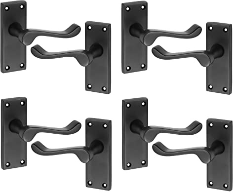 Golden Grace Victorian Scroll Lever Latch Door Handles, Matt Black, 4 Pairs | Includes spindles and screws for quick setup on classic interior doors up to 44mm thick, with 120mm x 40mm backplates.