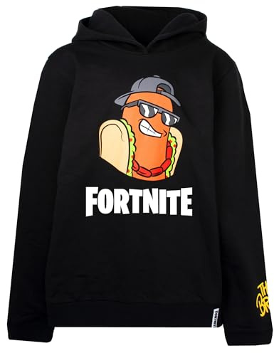 Fortnite - Felpa con Cappuccio Bambino - Felpa Nera con Motivo Hot Dog Felpa con Cappuccio 100% Cotone - Merchandising Ufficiale