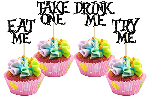 Gyufise 24 Stück Alice im Wunderland Cupcake-Topper, schwarzer Glitzer, Try Me Take One Eat Me Cupcake-Picker für Märchenwunderland-Thema, Babyparty, Kinder, Jungen, Mädchen, Geburtstagsparty-Zubehör