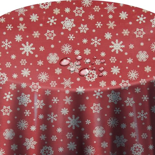 Wachstuch Wachstischdecke Tischdecke Weihnachtstischdecke Größe wählbar Weihnachten Schneeflocken Rot Rund 120 cm abwaschbar