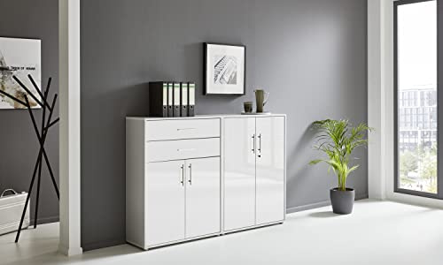 Schrankwand TABOR 12 Büroregal Aktenschrank Büroschrank abschließbar in diversen Farbvarianten (lichtgrau/weiß Hochglanz)