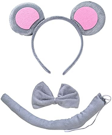 TSHAOUN pannband med musöron, djurkostym, set, öron pannband svans djur utklädnadsset, för barn cosplay födelsedagsfest karneval jul festtillbehör. Grå