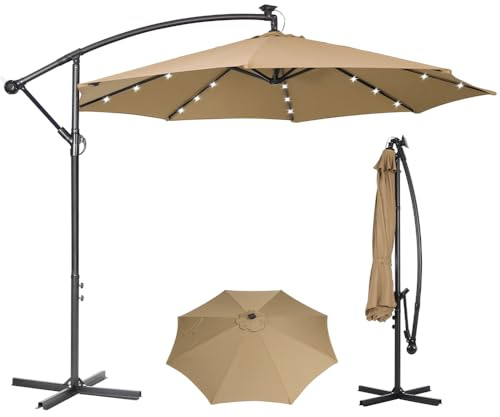Panana 3M Cantilever Garden Parasol with Solar LED Lights, Outdoor Banana Hanging Umbrella with Crank and Tilt, UV Protection Sun Shade Canopy Offset Parasol for Pool, Deck, Patio, Balcony (Khaki)
