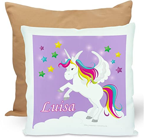 CreaDesign, Kinder Kissen 40x40 cm personalisiert mit Namen, Kinderzimmer Deko Kissen Kinder mit Füllung Federn, Motiv Einhorn lila, Rückenfarbe Beige