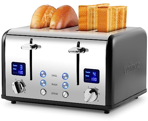 Toaster 4 Slices, Cusimax Stainless Steel Toaster with Ultra-Clear LED Display & 4 Extra-Wide Slots, Defrost/Reheat/Cancel Function, 6 Browning Settings, Removable Crumb Tray, Black