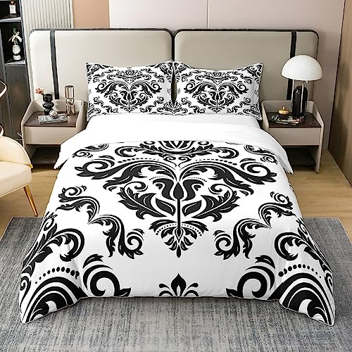 100% Baumwolle Barock Damast Bettbezug 135x200 Schwarz Weiß Gothic Boho Floral Bettwäsche Set für Jungen Abstrakte Erwachsene Geometrische Blumen Trostbezug,Europäische Viktorianische Stil Quilt Cover
