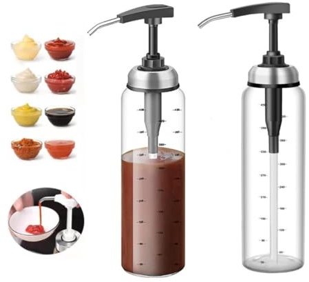 ZNZNANG 2PCS Sauce Pump Dispenser Glass, 17 oz Condiment Press Bottles- No Drip, Food Grade Pumps for Honey, Syrups, Oil, Condiments, Salad Dressings and More