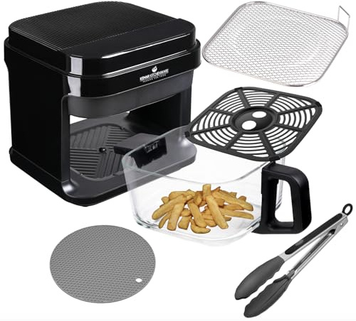 KHF-550 Heißluftfritteuse 5,5 Liter mit Touchdisplay und Frittierkorb aus Glas ohne Beschichtung, Fritteuse mit Zange und Silikonuntersetzer (KHF-550 + Antihaftbeschichtetem Einsatz)
