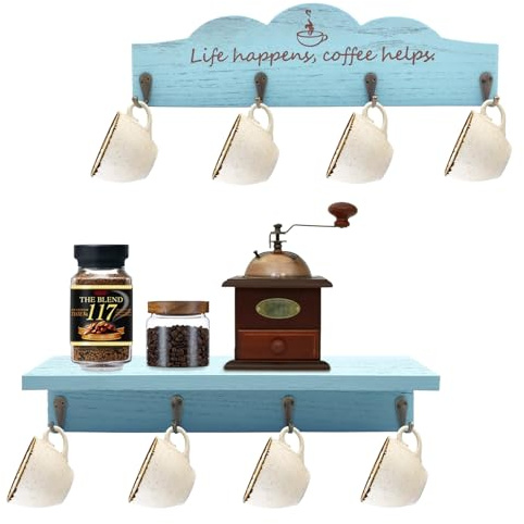 LYFJXX Soporte de pared para tazas de café, soporte de pared con 8 ganchos, 2 piezas de madera para tazas de café con signo de café, colgador de taza de té para bar, cocina, organizador de pantalla,