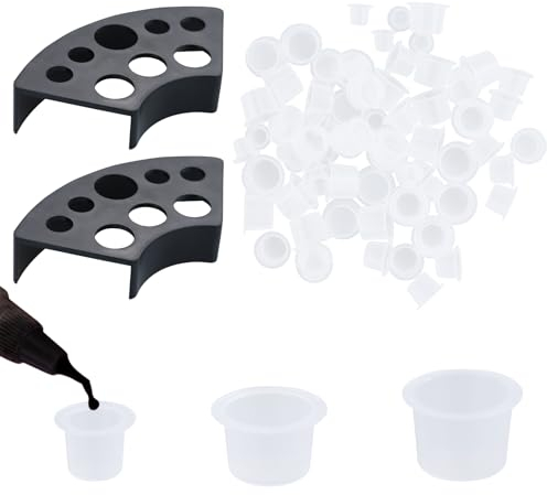 300pcs Tattoo-Tintenbecher mit 2 Cups Halterungen - Kunststoff Farbbehälter, Kleine Small Tinte Pigment Cups+ Halter für Tattoo Tinte Permanent Makeup Container Cap Tattoo Zubehör