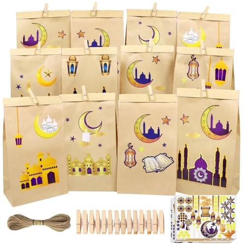 Zkaoai 30 Stück Eid Mubarak Tüten, DIY Ramadan zum Befüllen, Ramadan Adventskalender, Eid Mubarak Geschenktüten mit Kalender Sticker/Clips/Juteseil, Ramadankalender zum Befüllen für Ramadan Dekoration