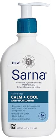 Sarna Calm and Cool Anti-Itch Lotion, Soothe and Relieve Pain and Itch from Insect Bites, Sunburn, Poison Ivy, Contains 1% Pramoxine Hydrochloride, 0.5% Menthol, Vegan, Steroid-Free, 7.5oz