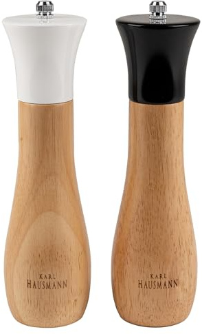 KARL HAUSMANN Set Molinillo Sal y Pimienta Negro Blanco 2 Piezas - Molinillos Manuales de Madera con Mecanismo Cerámico, Ajuste de Molienda, 22 cm, Diseño Moderno Elegante para Cocina y Mesa