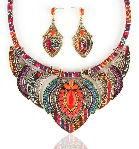 Zhlichouy African Jewelry Sets for Women Boho Tribal Retro Statement Choker Necklace and Dainty Dangle Earring Set Multicolor Ethnic Style Chunky Bib Collar Costume Jewelry Accessories for Women