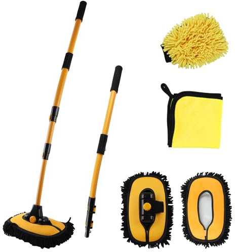 Spazzola per lavaggio auto da 141 cm con manico lungo, kit di lavaggio auto con testina di ricambio, asciugamani asciutti per spolverino auto, guanto per lavaggio auto, camion, SUV, camper, 15 ° curva