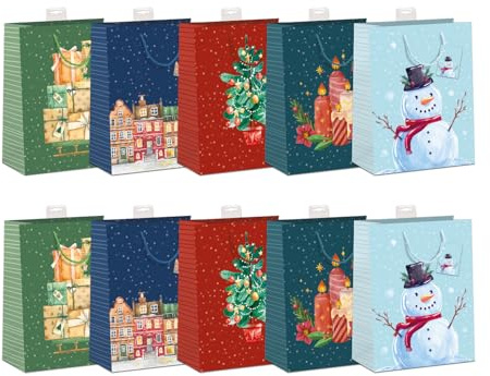 Geschenktüten Weihnachten DIN A5 | Stabiler Boden, Randverstärkung & Karte | Geschenktaschen Weihnachten, Weihnachtstüten | 18x23x10cm | FSC®-zertifiziertes Papier (150 g/m²) | 10 Stück