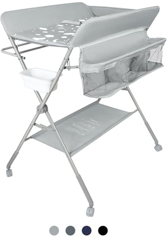 mobiler Wickeltisch mit Wickelaufsatz, Wickelkommode klappbar höhenverstellbar, Wickelkombi mit Sicherheitsgurt Aufbewahrungskorb Kleiderstange-80 * 58 * 90 cm-hellgrau