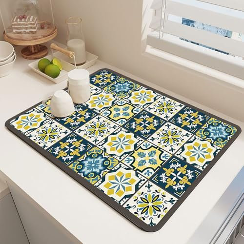 Odot Absorbente Alfombrilla Escurreplatos, Alfombrilla Cafetera Secado Rápido Bayeta Escurreplatos Estera Fregadero para Encimera de Cocina, Estilo Marroquí (Verde,50x80cm)