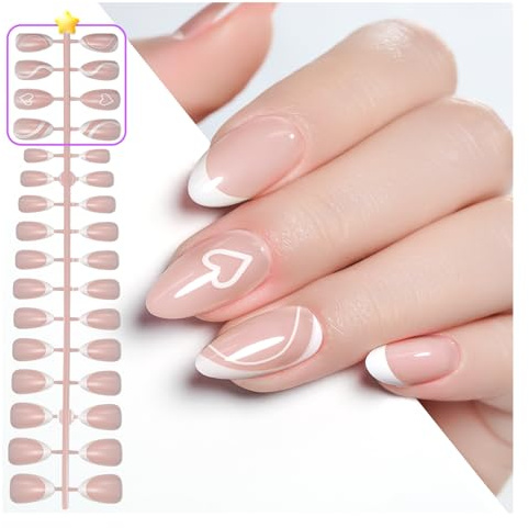 Gelike ec Weiches Gel Press On Nails: Kurze Mandel X-French Nägel Tips Short Full Cover Nägel zum Aufkleben for Salonqualität Angenehmes Tragegefühl 160pcs 12 Größen (French mit design)-0011