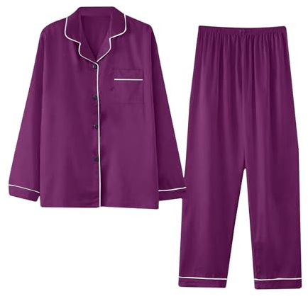 Silk Pyjamas for Women Satin Pajamas Set 2 Piece Lounge Wear Sets Long Sleeve Button Down Shirts Wide Leg Pants Pj Sets Loose Comfort Sleepwear Loungewear Oversized Soft Nightwear Size M-4XL Purple