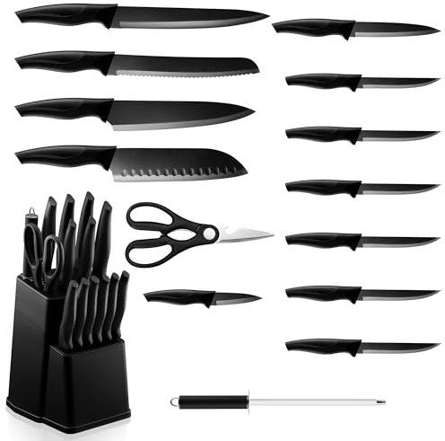 Herogo Messerblock mit 15 Messerset und Wetzstahl, Premium Edelstahl Küchenmesser Set mit hohem Kohlenstoffgehalt, Gezacktes Steakmesser, Antihaftbeschichtung zum Hacken und Schneiden, Schwarz