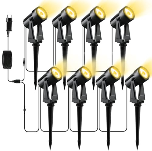 Pogestrand LED Gartenbeleuchtung mit Strom 28M 8er-1Set IP65 Wasserdichter | 3000K Warmweißem Gartenstrahler mit Adapter,2W COB Wegeleuchten 27V Led Strahler Außen mit Erdspieß für Garten Yard Hof