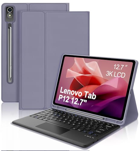 SENGBIRCH Funda con Teclado para Lenovo Tab P12 12.7, Teclado Español Ñ Bluetooth Inalámbrico Desmontable para Lenovo P12 Tablet 2023 12.7 TB370FU, Lavanda