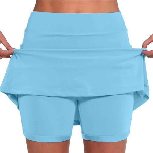 Generisch Damen Sommer Skort Shorts mit Rock und Hose in Einem für Tennis und Radfahren, Türkis, L, Mittlere Oberschenkellänge, Niedrige Taille, Leinen/50%, Baumwolle/50%