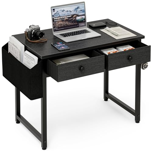 Grandder Kleiner Computertisch mit 2 Stoffschubladen, 100 cm Gaming Desk mit Staufächern und Schubladen, Schreibtisch für kleine Räume, Schwarz